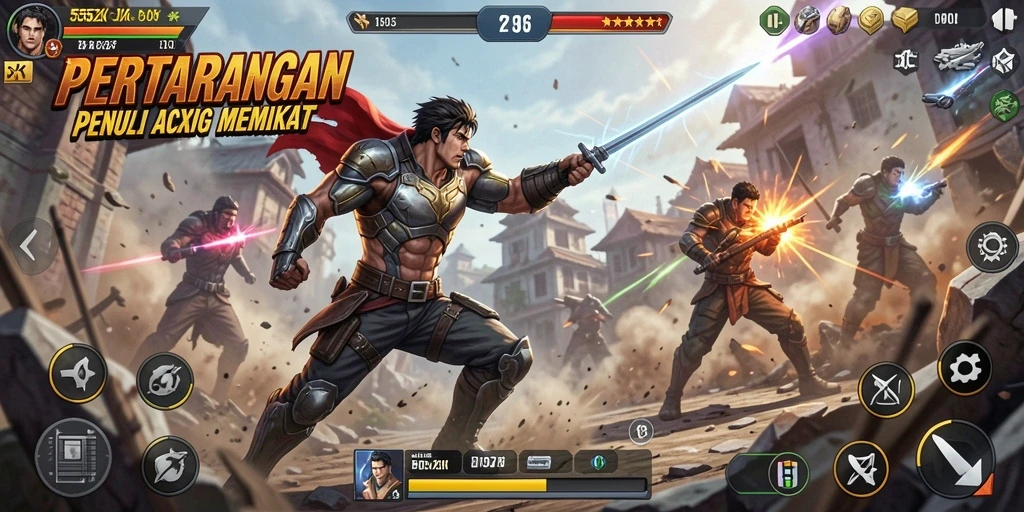 Gameplay menegangkan saat karakter bertarung di arena.