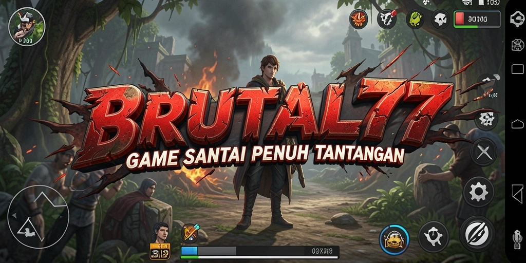Tampilan gameplay BRUTAL77 yang ceria dan penuh warna.