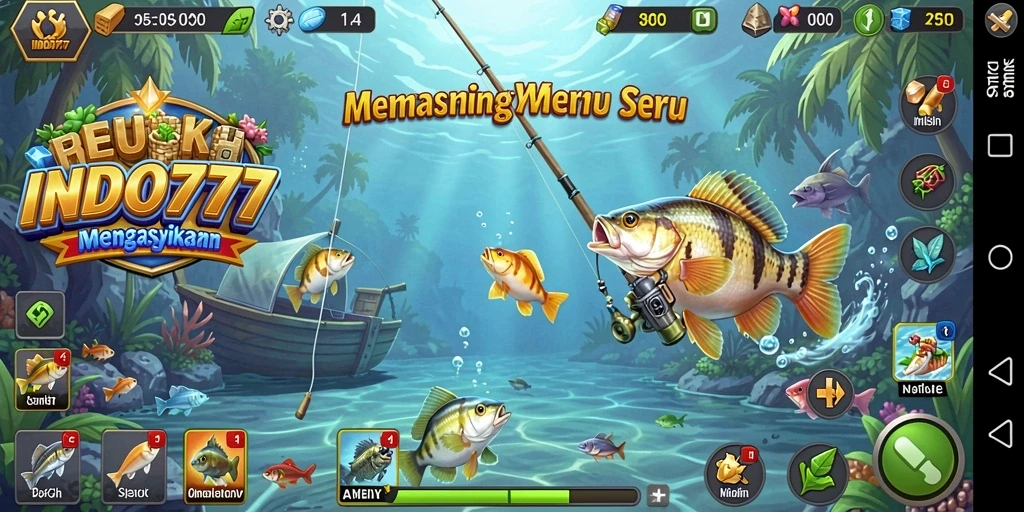 Tampilan gameplay seru memancing di INDO777 dengan berbagai lokasi menarik.