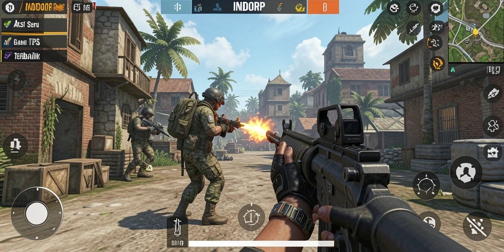 Tampilan gameplay seru dari INDORP dengan aksi tembak-menembak yang mendebarkan.