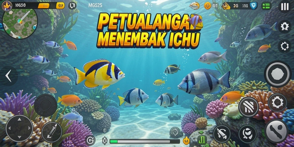 Screenshot MG525 menampilkan aksi seru dalam menembak ikan.
