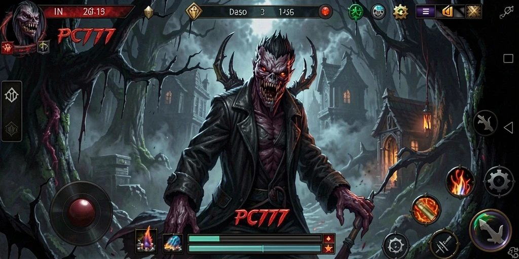 Screenshot utama PC777 menampilkan suasana gelap dan mencekam.