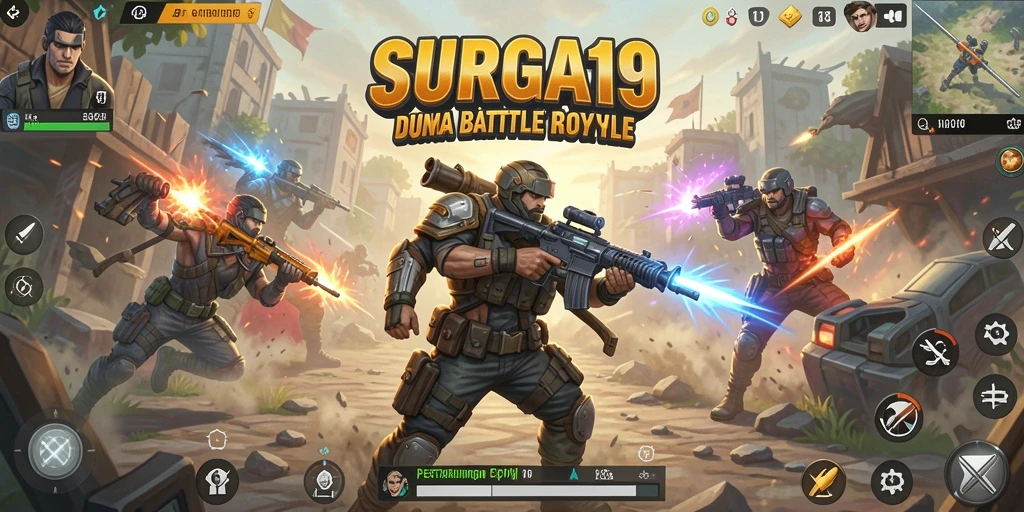 Screenshot gameplay SURGA19 menampilkan pertarungan seru dalam arena Battle Royale.