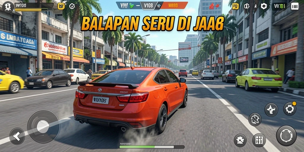Tangkapan layar utama VW108 menampilkan aksi balapan yang seru.